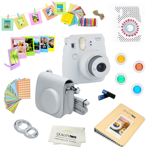 Fujifilm Instax Mini 9 Camera + 14 PC Instax Accessories kit Bundle, Includes; Instax Case + Album + Frames & Stickers + Lens Filters + MORE