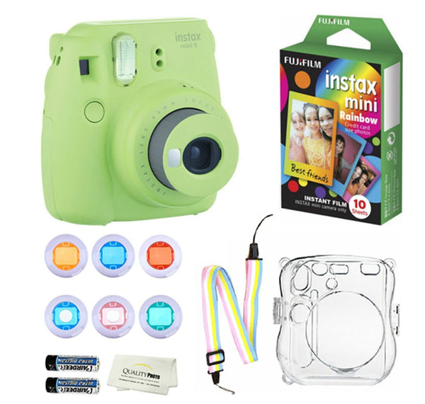 Fujifilm Instax Mini 9 Instant Camera + 10 Fuji Instant Rainbow Film Sheets + Convenient Instax Clear Case W/ Rainbow Strap + 6-Color Lenses & More