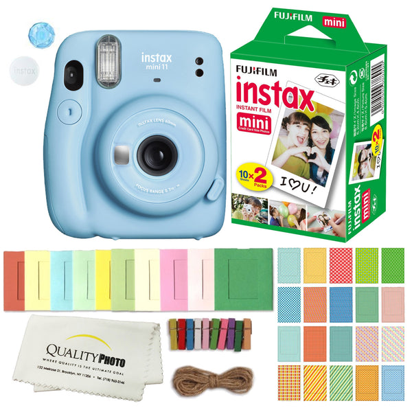 FUJIFILM INSTAX Mini 11 Instant Film Camera (Sky Blue) Plus Instax Film and Accessories Stickers, Hanging frames and Microfiber Cloth