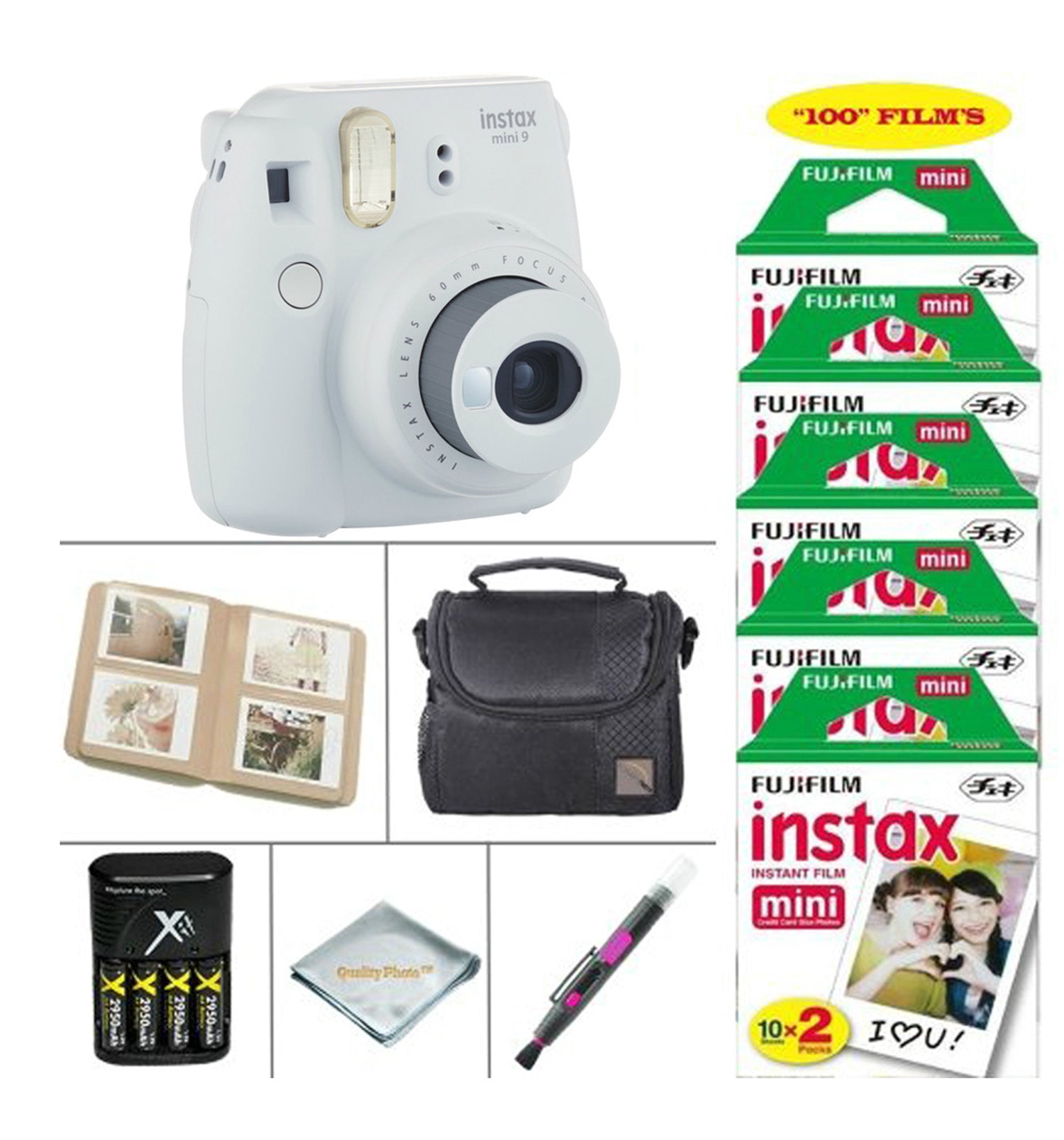 Fujifilm Mini 9 Instant Film Camera - Fujifilm Instax Film 100 PCS - Battery & Charger - Photo Album - Case